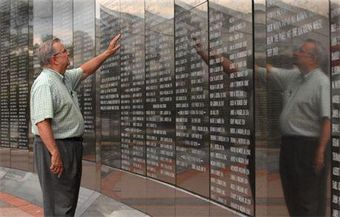 Ray Moore – Founder of the Jacksonville Veterans Memorial Wall in Jacksonville, FL, extending his hand to some of our fallen heroes who gave their lives to protect our way of life. The memorial was dedicated on November 11, 1995.
